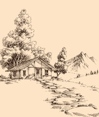 Small wooden house retreat in the nature drawing
