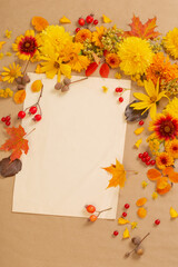 Naklejka na ściany i meble autumn flowers and leaves on paper background