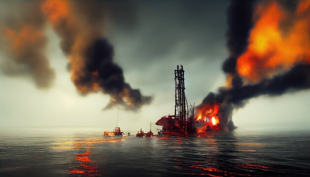 An Illustration Of A Drilling Rig Oil Spill, Deep Water Horizon.