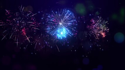 4K New year's eve fireworks celebration loop of real fireworks background. abstract golden shining glowing fireworks show. Real Fireworks display, New Year. national holiday, new year party or event - Powered by Adobe