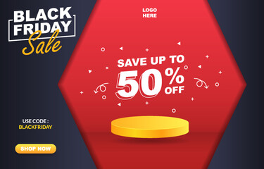 black friday sale banner template design with golden realistic 3d stage for promotion in black background
