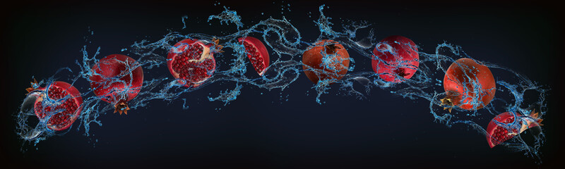 Panorama with fruits in water - pomegranates help to keep vigor for the whole day