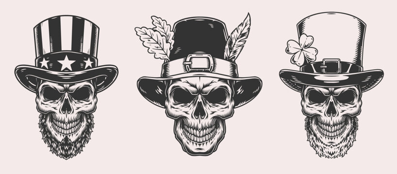 Holiday skulls set monochrome emblems