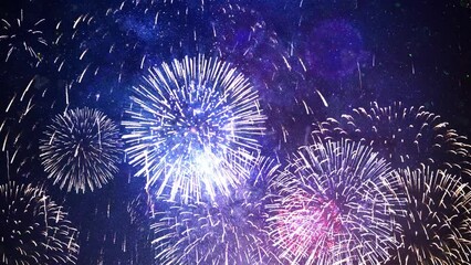 Real Fireworks Explosion on Smoke Foggy firework in night sky Loop 4K Background. Birthday, Anniversary, Celebration, Holiday, new year, Party, Invitation, Christmas, festival, Diwali, Wedding event