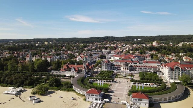 Panorama of Sopot.View from the drone on the city of Sopot and the pier on the Baltic Sea on a sunny,autumn day.