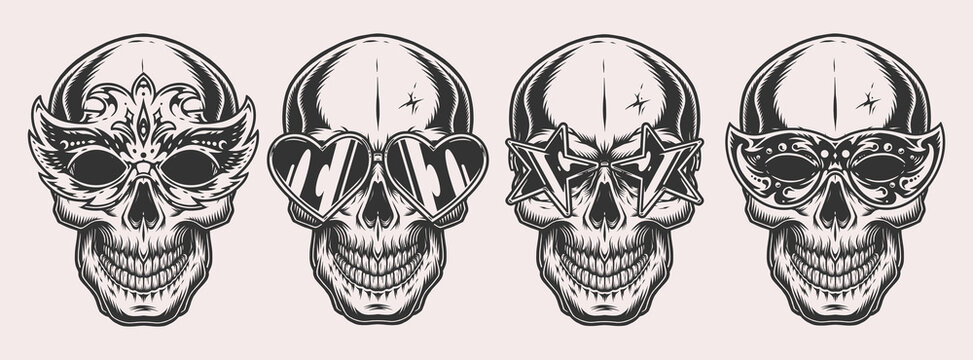 Set party skulls logotypes monochrome