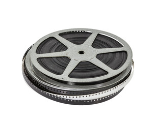 Vintage home movie film reel and can isolated.