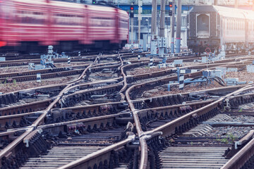 Passenger train moves at morning time.