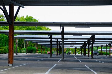 Parking place. Solar panels on the parking lot in Avignon, Provence, France. Copy space.