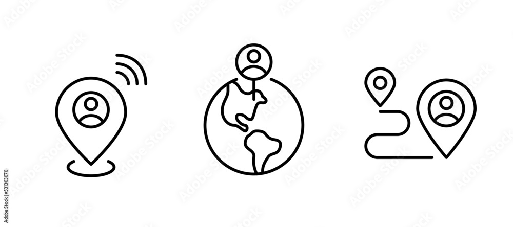 Aufkleber set of map pointers showing personal device location. pin on earth globe and path tracking. pixel pe