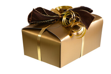 Closeup of an isolated present in a golden package