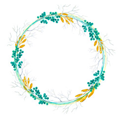 Obraz premium Christmas wreath with white branches and gold leaves 