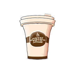 Cartoon Coffee cup isolated on white background . vector coffee paper color cup with hot coffee and color label. Coffee day sticker