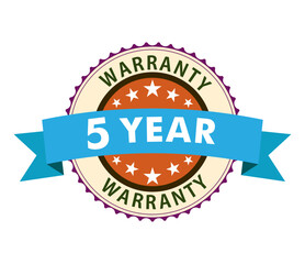 5 year warranty sticker design with badge. Guarantee stamp with colorful ribbon.