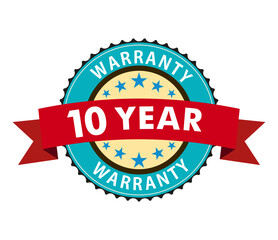 10 year warranty sticker design with badge. Guarantee stamp with colorful ribbon.