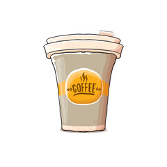 Cartoon Coffee cup isolated on white background . vector coffee paper color cup with hot coffee and color label. Coffee day sticker