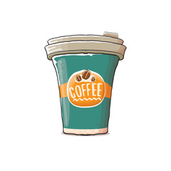 Cartoon Coffee cup isolated on white background . vector coffee paper color cup with hot coffee and color label. Coffee day sticker