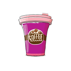 Cartoon Coffee cup isolated on white background . vector coffee paper color cup with hot coffee and color label. Coffee day sticker