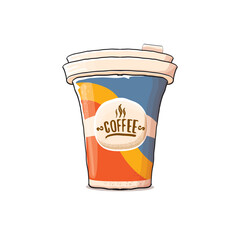 Cartoon Coffee cup isolated on white background . vector coffee paper color cup with hot coffee and color label. Coffee day sticker