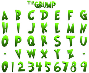 The Grump green cartoon alphabet on transparent background