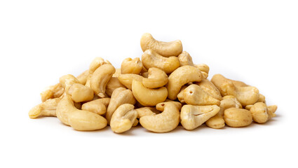 Cashew nuts as a background, top view. Cashew isolated on white background. Healthy foods.
