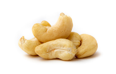 Cashew nuts as a background, top view. Cashew isolated on white background. Healthy foods.