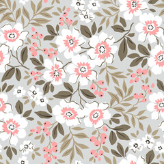 Vintage floral background. Floral pattern with small white and pink flowers on a light gray  background. Seamless pattern for design and fashion prints. Ditsy style. Stock vector illustration.