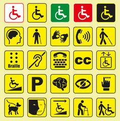 Signs for people with disabilities in bright yellow color style. Vector graphics.