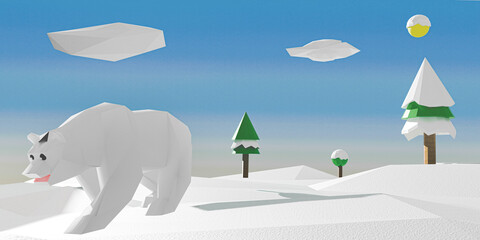 Winter landscape with a winter bear in front, trees and snow. Low-poly illustration. 3d illustration.