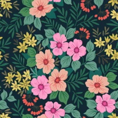 Möbelaufkleber Seamless floral pattern. Beautiful bouquet pink, coral and yellow flowers. Bright flowers on black background in trendy fashion oriental style. Stock vector for prints. © ann_and_pen