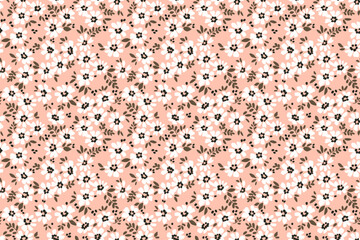 Cute floral pattern in the small daisy flowers. Seamless vector texture. Elegant template for fashion prints. Printing with small white flowers. Pale coral pink background.