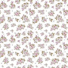 Spring flowers print. Vector seamless floral pattern. Floral design for fashion prints. Endless print made of small pastel lilac and purple flowers. Elegant template. White background. Stock vector.