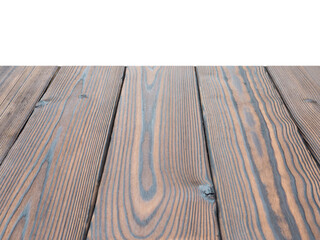 Dark brown textured roasted knotted wooden planks perspective background isolated transparent png