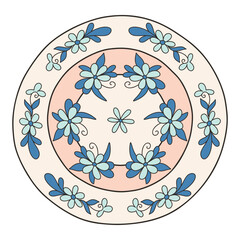 Ceramic painted dish with flower painting. Blue monochrome. Decorative plate. Vector illustration in cartoon style. Objects isolated on white background. Vector isolated icon. - 531305652