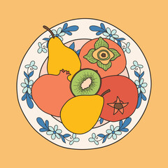 Ceramic painted dish with fruits. Fruit plate. Pomegranate, pear, persimmon, kiwi. Vector illustration in cartoon style. Objects isolated on white background. Vector isolated icon. - 531305653