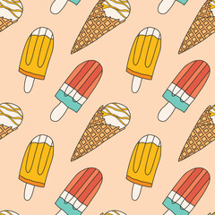 Ice cream. Vector seamless pattern with ice cream waffle cones, popsicle, sundae.
