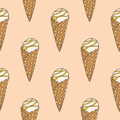 Ice cream. Vector seamless pattern with ice cream waffle cones, popsicle. - 531305656