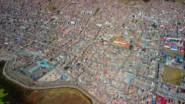 Aerial panorama of Puno with Lake Titicaca in Peru, South America