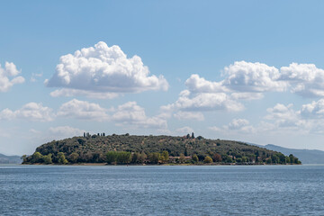 Isola Maggiore island of Lake Trasimeno, viewed from Tuoro sul Trasimeno, Perugia Italy