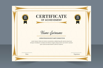 Modern golden certificate template and border, for award, diploma, printing,  achievement
