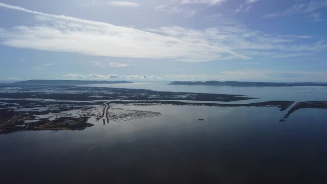Aerial panorama of Puno with Lake Titicaca in Peru, South America