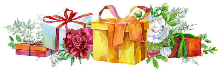 Watercolor illustration with gift boxes and peonies. For design, print or background