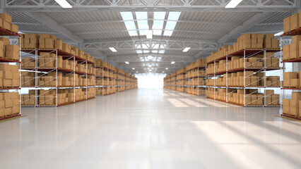 Warehouse hall with boxes and orders. Industrial interior of the hall with lighting. Logistics...