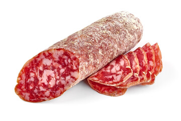 Cured salami sausage, Italian sausage with mold, isolated on white background.