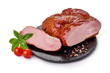Cold smoked meat with slices, isolated on white background.