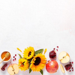 Jewish holiday Rosh Hashanah greeting card with apples, honey and flowers, autumn web banner with fruits and flowers