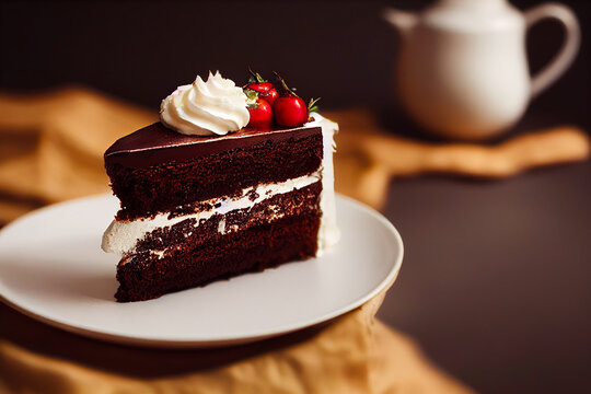slice of black forest cake served on a white plate