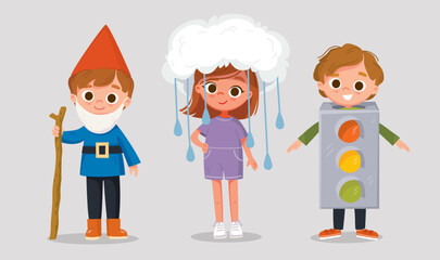 Small children dressed up in gnome, rain cloud costume,traffic lights costume for festival, standing in various poses. Vector illustration. New look for kids costume party. Dressing up for party