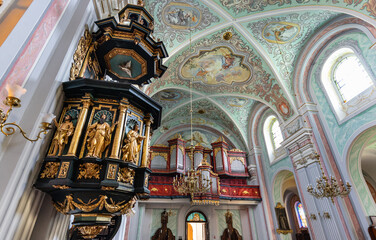 Interior of Our Lady of Dzikow Sanctuary and Dominican order monastery in town quarter of historic center of Tarnobrzeg in Poland