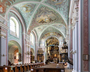 Fototapeta na wymiar Interior of Our Lady of Dzikow Sanctuary and Dominican order monastery in town quarter of historic center of Tarnobrzeg in Poland